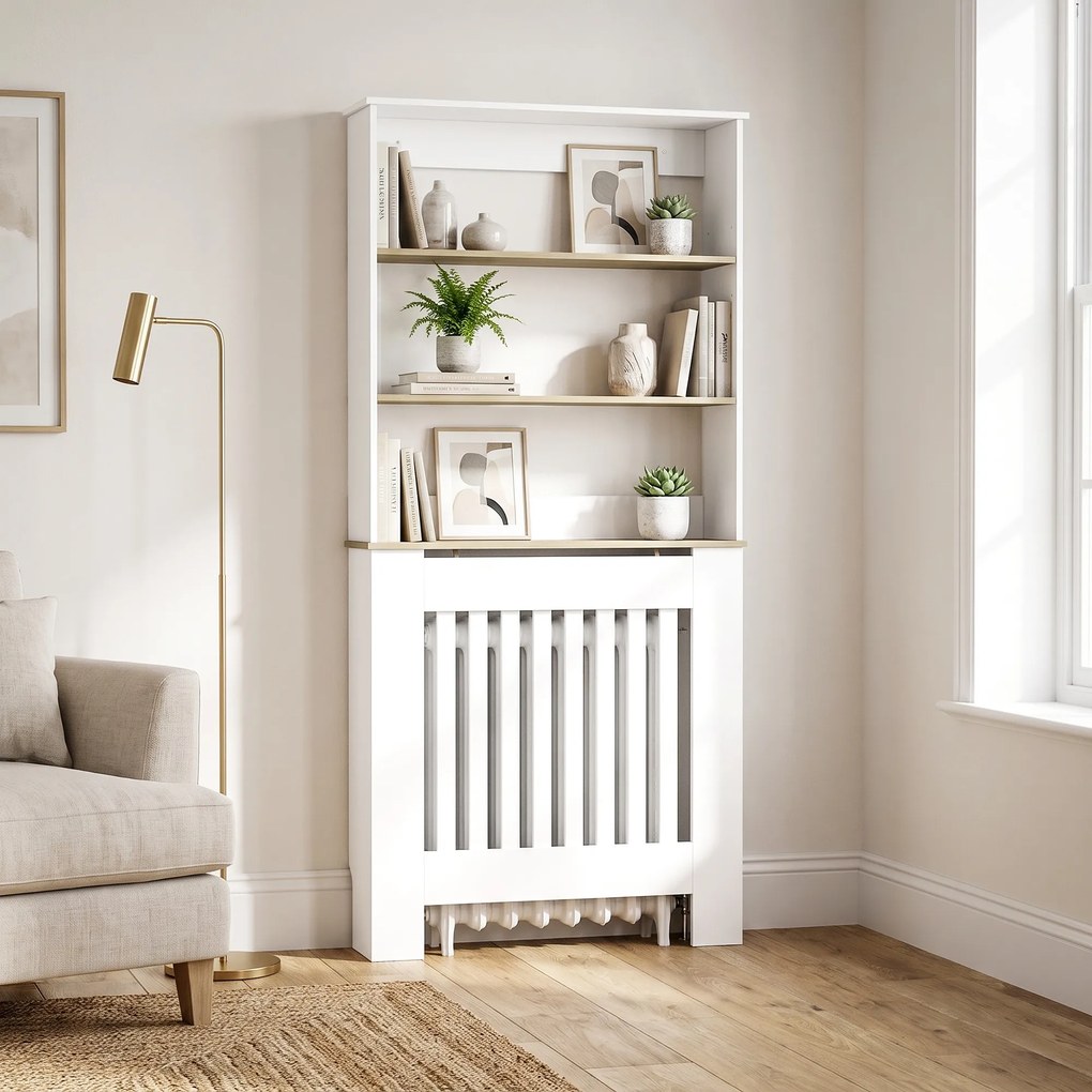 Cobertura para Radiadores em Ripas com 3 Prateleiras, Cobertura de Radiador Moderna em MDF para Sala de Estar, 78x19x165 cm, Branco