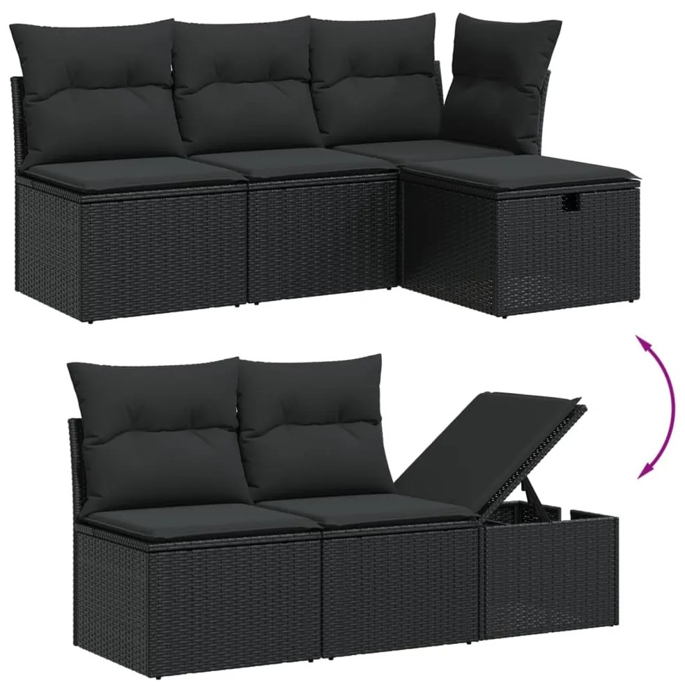 7 pcs conjunto de sofás p/ jardim c/ almofadões vime PE preto