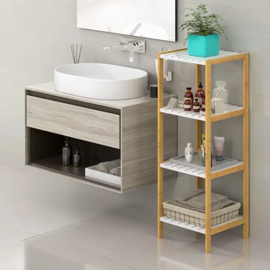 Estante de banheiro em bambu 110 x 33 x 34 cm Castanho + Branco