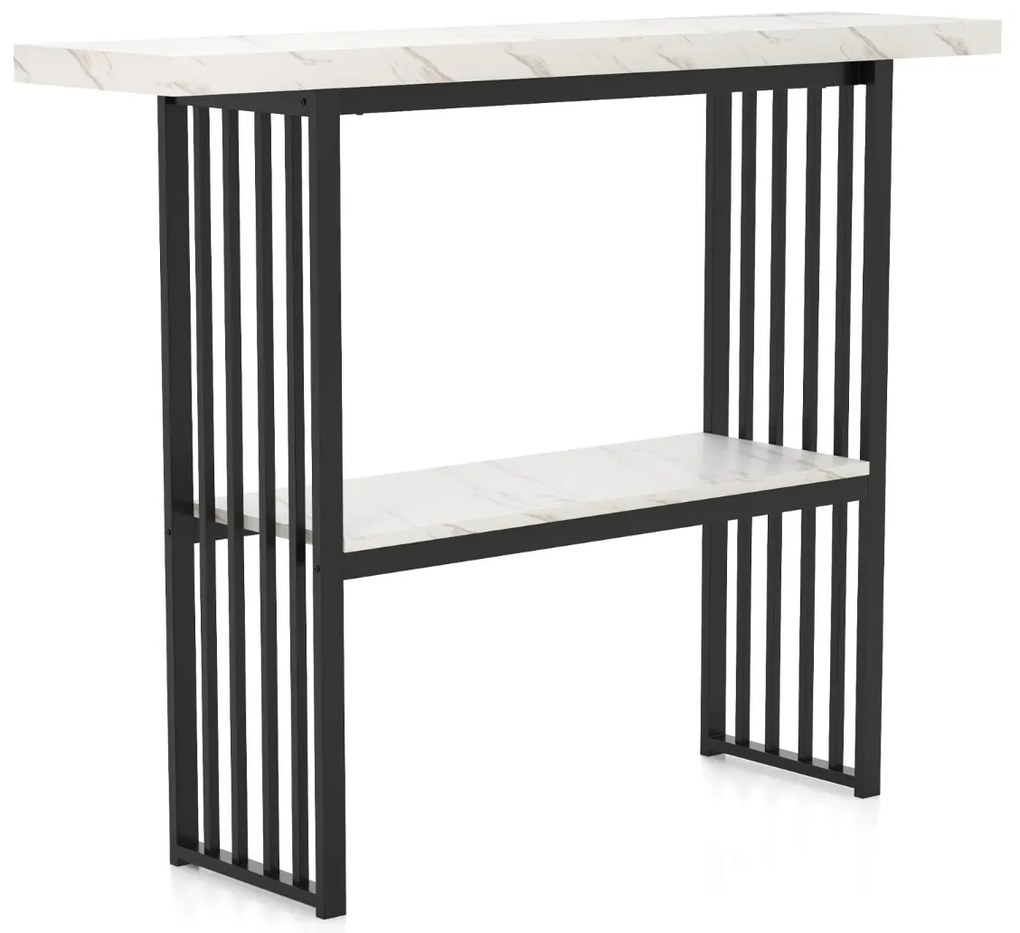 Mesa de 2 níveis com prateleira aberta, estrutura em aço dourado para sala de estar ou corredor, 120 x 29,5 x 92,5 cm, preto e branco