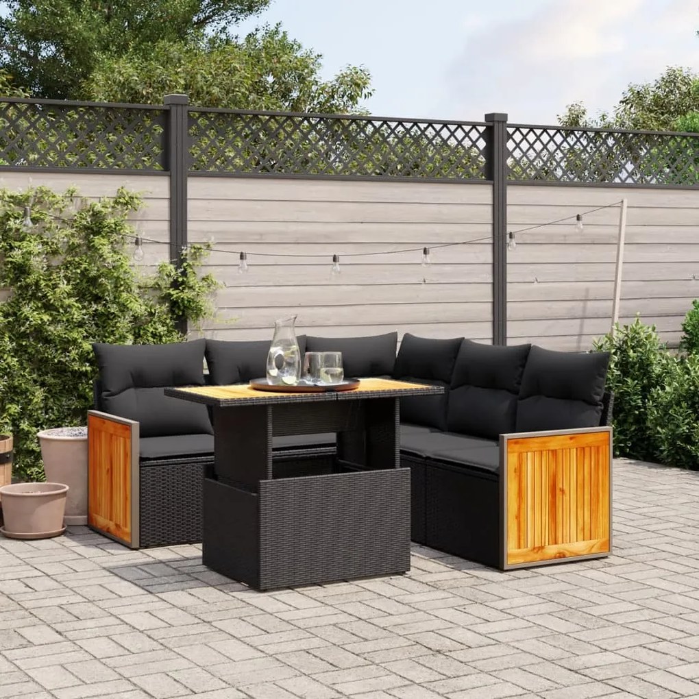 6 pcs conjunto sofás de jardim c/ almofadões vime PE preto