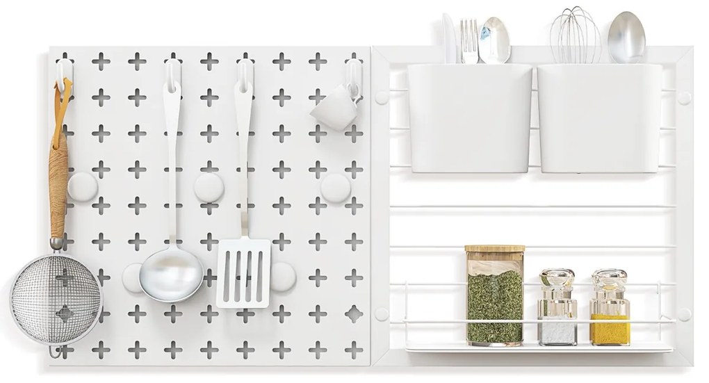 Quadro de parede com 2 painéis de fixação, ímanes para prateleiras de arrumação e ganchos para cozinha ou escritório em branco