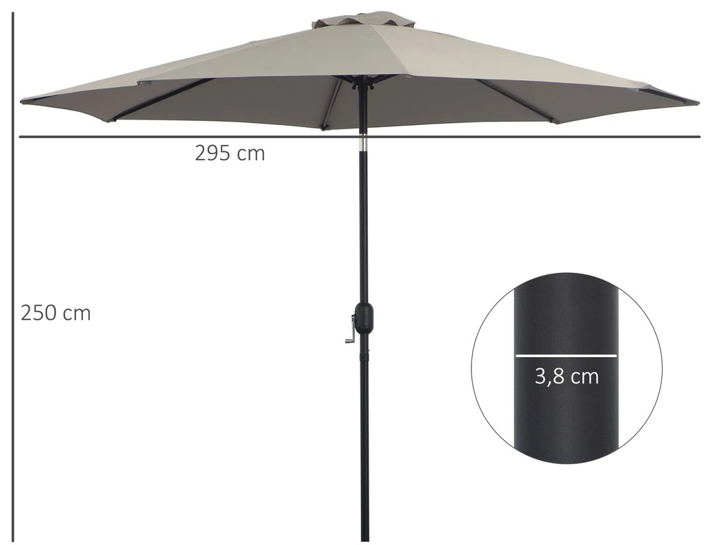 Outsunny Chapéu de Sol de Jardim Ø295x250 cm com Manivela Chapéu de Sol Exterior com Mecanismo de Inclinação e Mastro Desmontável de Metal para Terraço Piscina Pátio Cinza