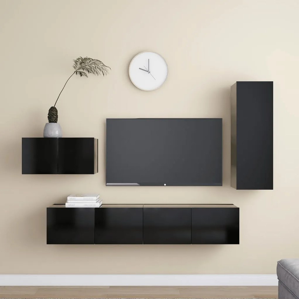 4 pcs conjunto de móveis de TV derivados de madeira preto