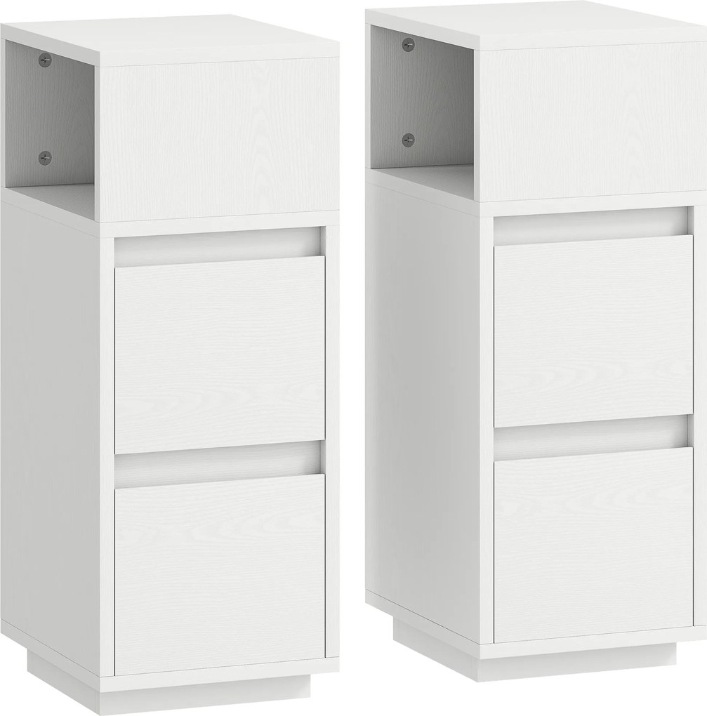 HOMCOM Conjunto de 2 Mesas de Cabeceira com 2 Gavetas e Prateleira Aberta Modernas e que Economizam Espaço, 25x30x65 cm, Branco | Aosom Portugal