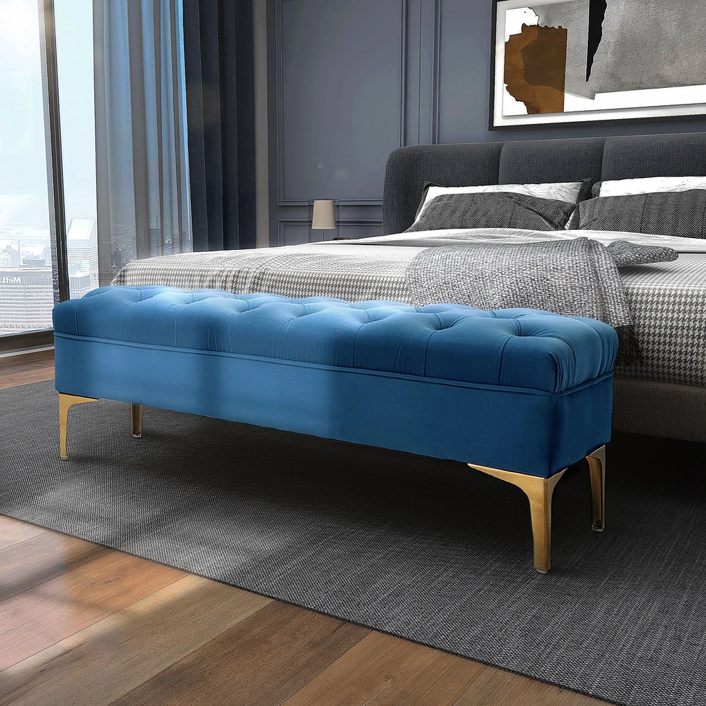 Banco estofado para cabeceira da cama, estilo clássico chique, dim. 118 x 45 x 42 cm, pés em metal dourado, veludo azul
