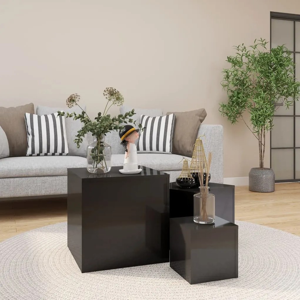 Mesas de apoio 3 pcs contraplacado cinza brilhante