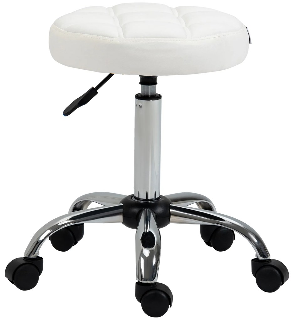 HOMCOM Banco Giratório Rodas Altura Ajustável 48-63cm Estofado Couro PU Confortável Ø35,5cm Branco Ideal Trabalho | Aosom Portugal