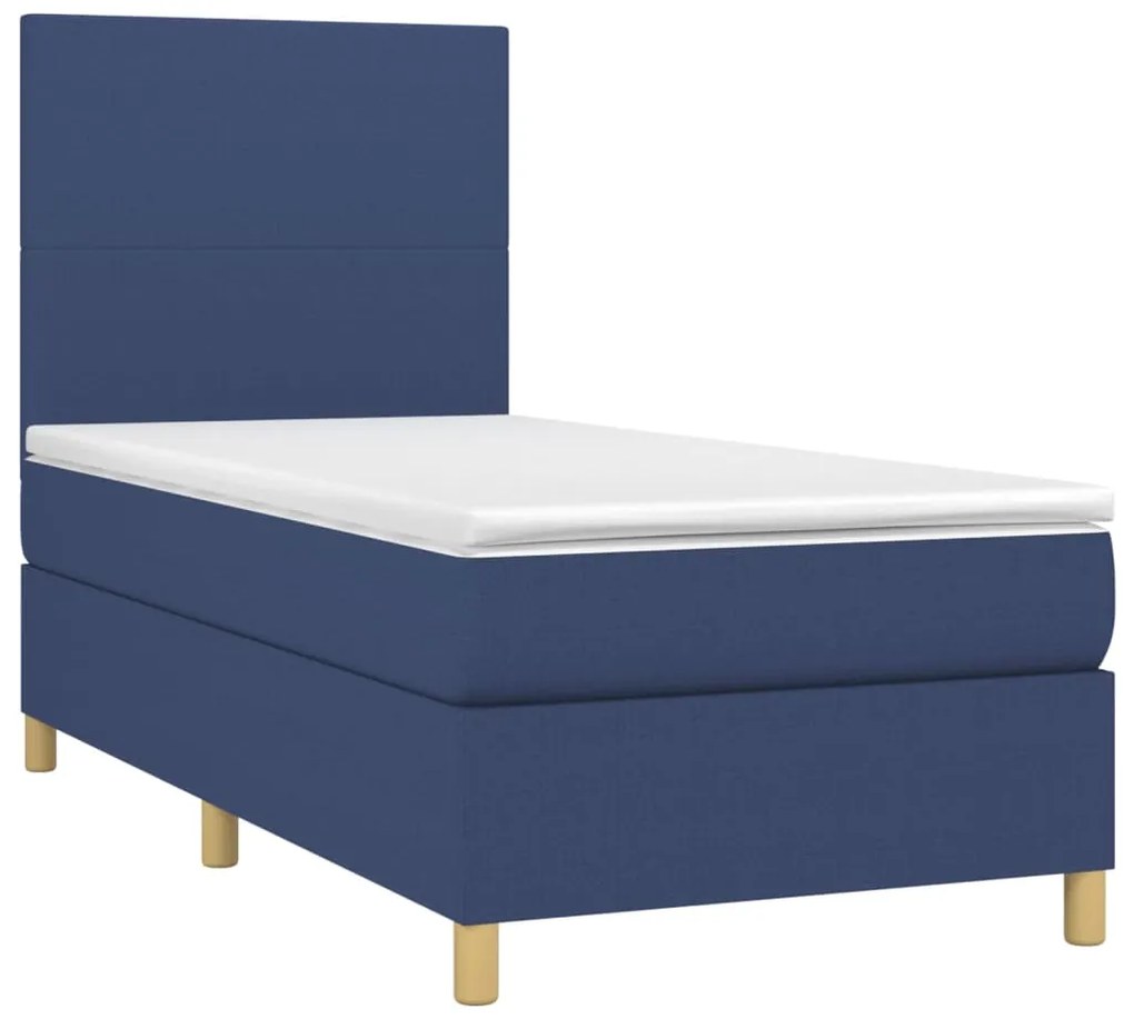 Cama box spring c/ colchão e LED 100x200 cm tecido azul