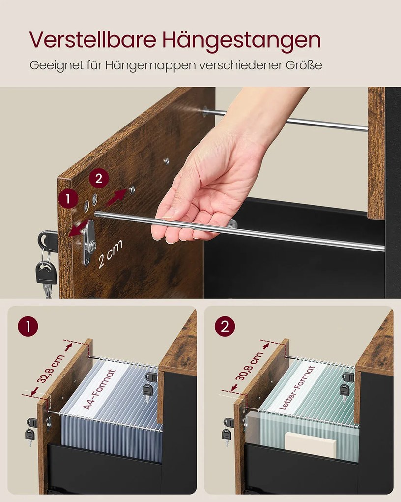 Móvel Arquivo escritório43,8 x 40 x 54,4 cm com 2 gavetas e 5 Rodas Preto e castanho-escuro