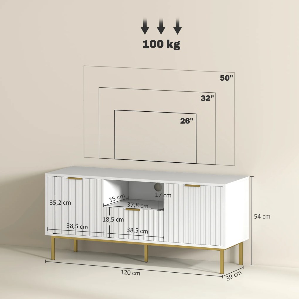 Móvel para televisão 120 x 39 x 54 cm, para televisão de 50 polegadas com 2 portas com fecho suave, gaveta e compartimento aberto, branco