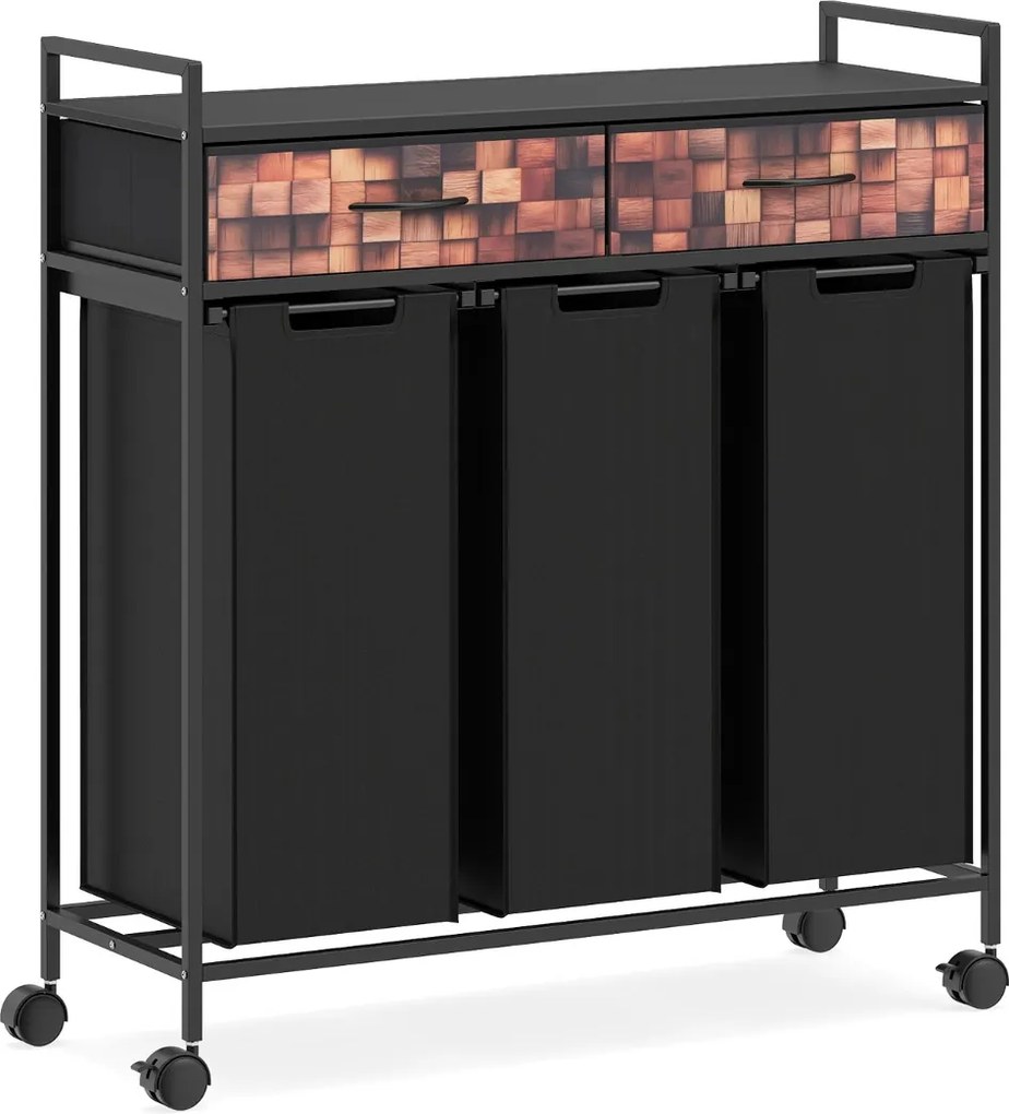 Carrinho para roupa suja com 3 compartimentos 92,5 x 33 x 97,5 cm, 135 L, com rodas, 3 sacos removíveis e 2 gavetas em tecido Oxford para casa de banh