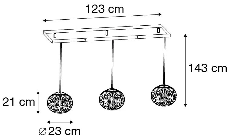 Candeeiro de suspensão rural preto alongado com 3 luzes - Canna Rústico