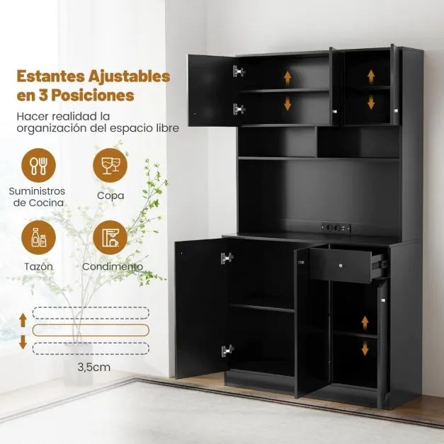 Armário de Cozinha / despensa 100 x 40 x 181 cm com tomadas elétricas, portas USB preto