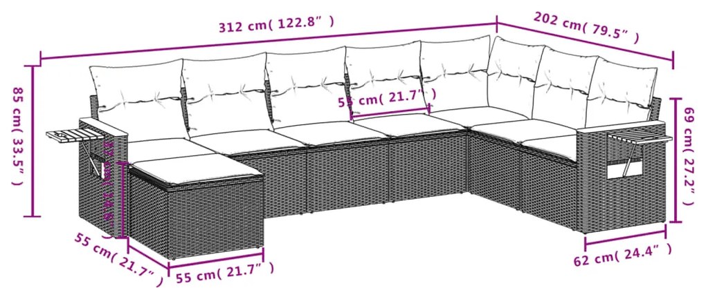 8 pcs conjunto de sofás p/ jardim com almofadões vime PE bege