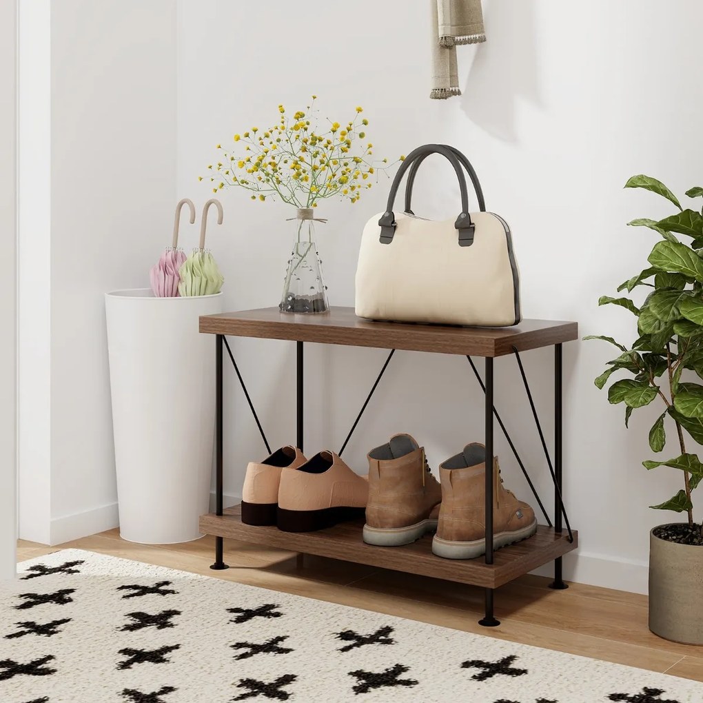 Estante multifunções de 2 níveis com estrutura metálica Estante para arrumação doméstica 60 x 45 cm Nogueira