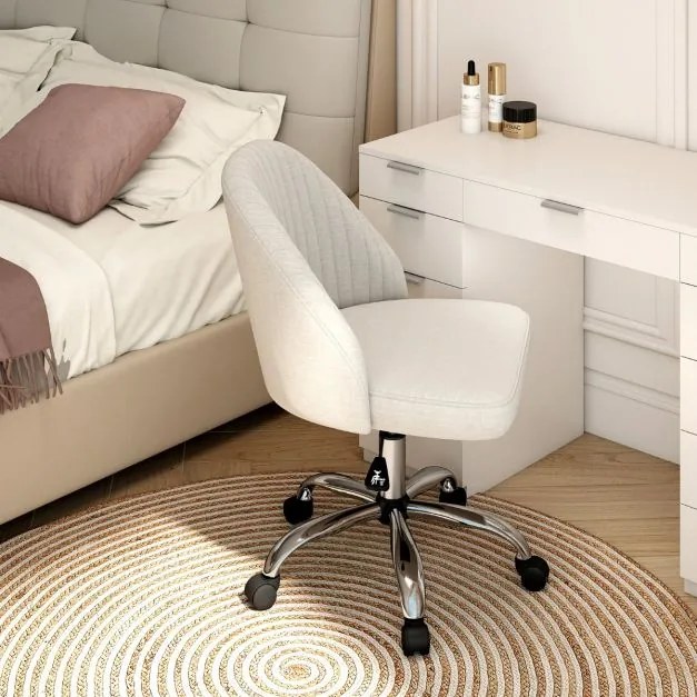 Cadeira de escritório moderna sem braços giratória, com encosto curvo e assento estofado com altura ajustável, bege