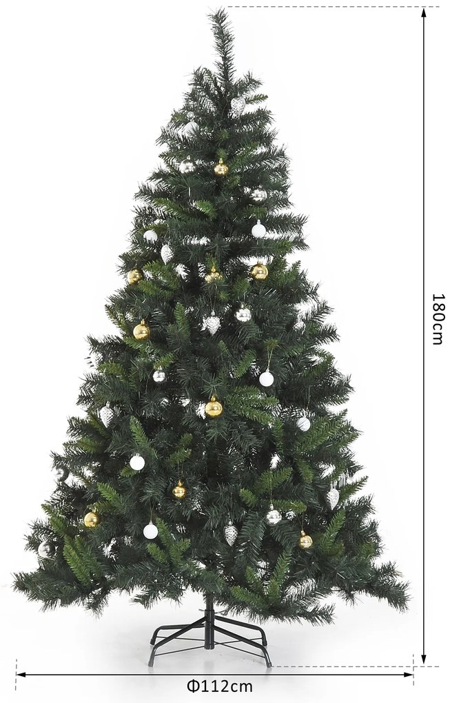 Árvore de Natal Artificial com 745 Ramos 200 Luzes LED com Cor Branco Quente Suporte e Decorações Incluídas Ø112x180cm Verde