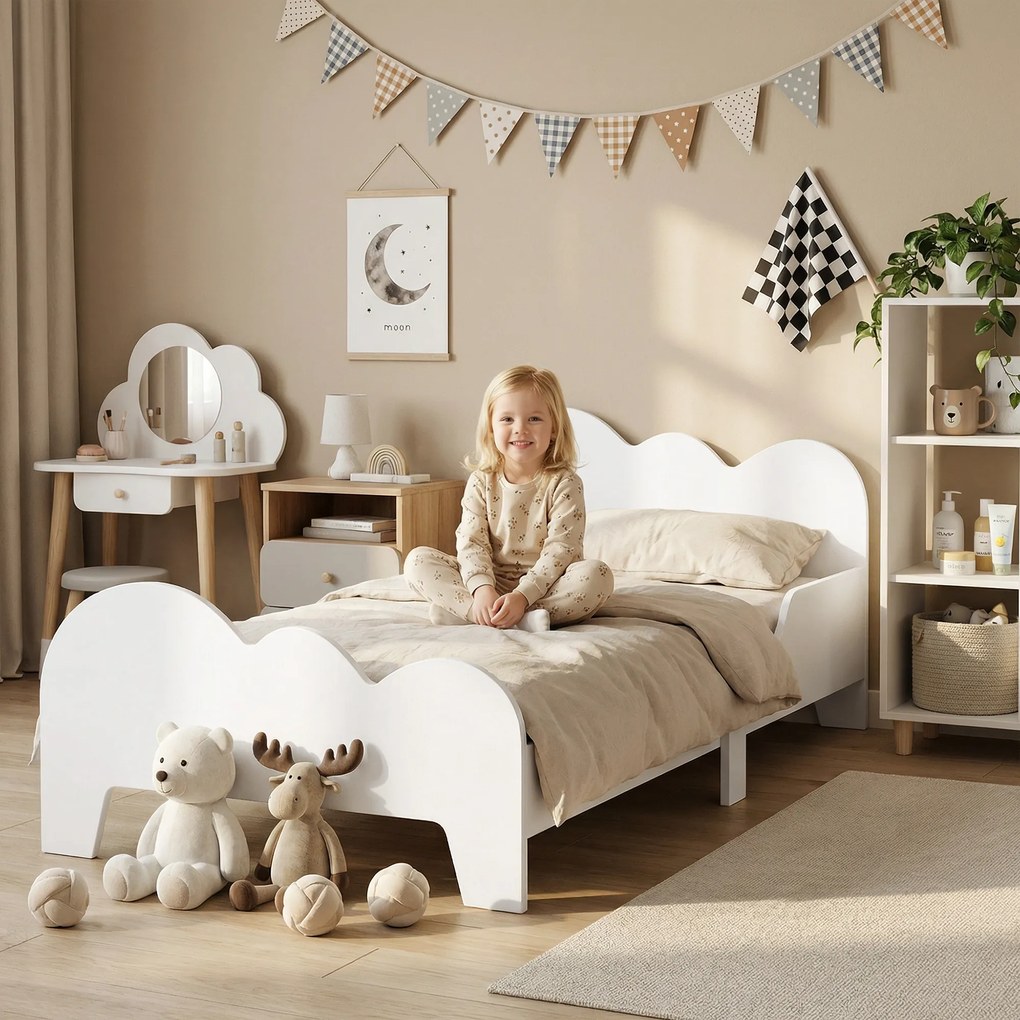 Cama para Crianças 143,5x74,5x56 cm (COLCHÃO NÃO INCLUIDO) Estrutura de Cama Infantil com Desenho de Núvem e Barreira de Segurança Branco