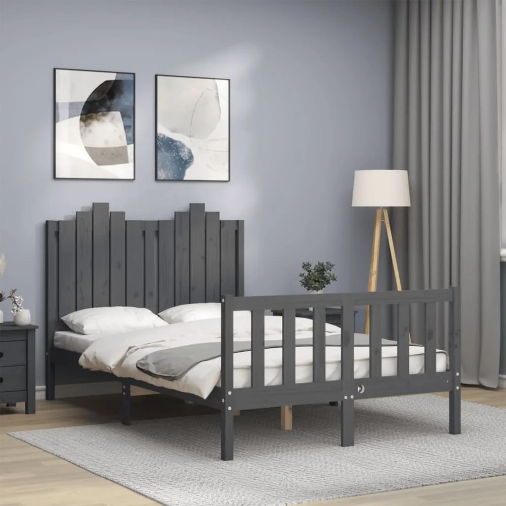 Estrutura de cama de casal c/ cabeceira madeira maciça cinzento