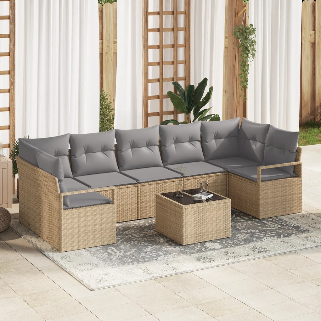 Conjunto de Sofá de Jardim de 8 Peças com Almofadas Bege Rattan vidaXL