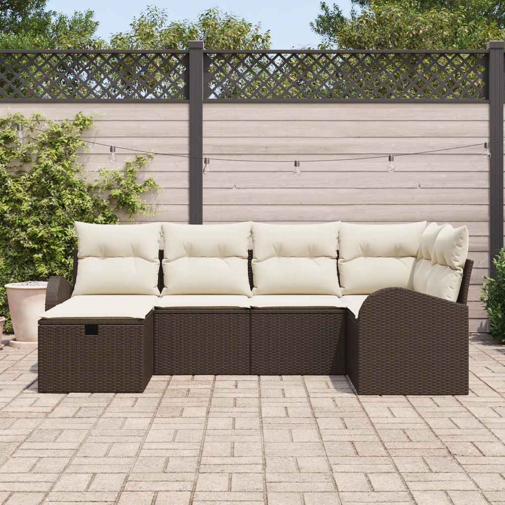 Conjunto de Sofá de Jardim de 6 Peças com Almofadas Castanho Rattan Po