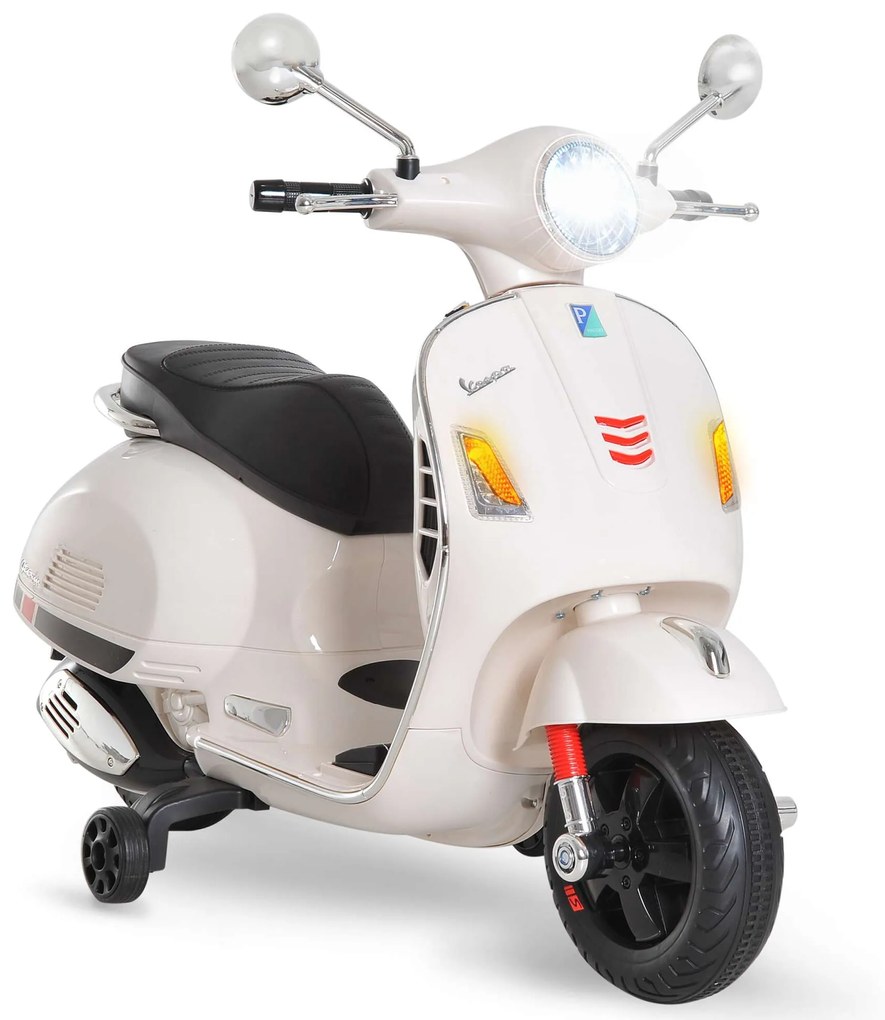 HOMCOM Mota elétrica vespa para crianças acima de 3 anos bateria  6V  com musica faroie e rodas auxiliares Carga 25 kg branco