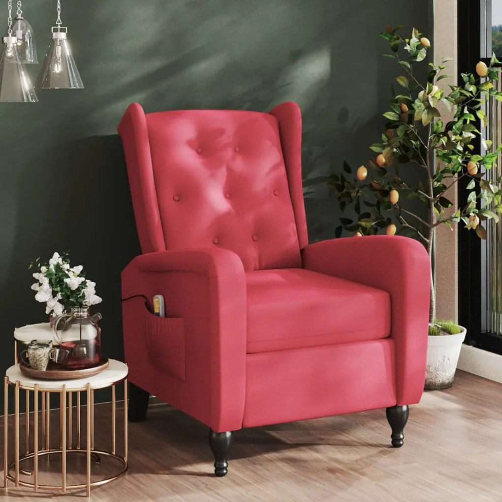 vidaXL Poltrona de massagens reclinável veludo vermelho tinto