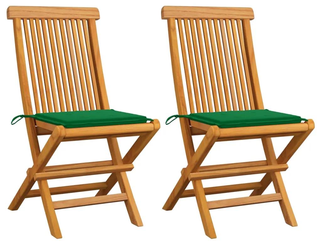 3062465 vidaXL Cadeiras de jardim c/ almofadões verdes 2 pcs teca maciça