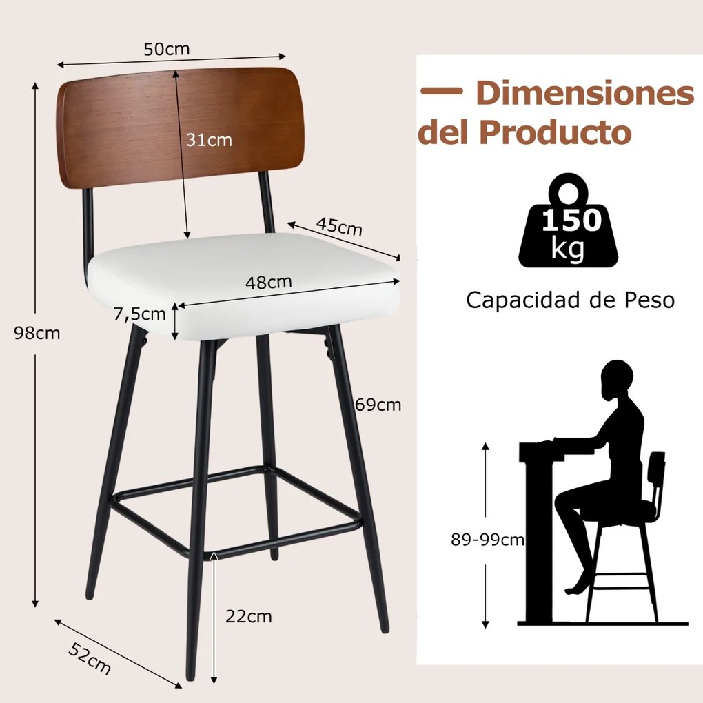 Bancos giratórios modernos para bar, almofadados, com encosto e apoio para os pés em metal, em couro sintético, para cozinha e sala de jantar, castanh