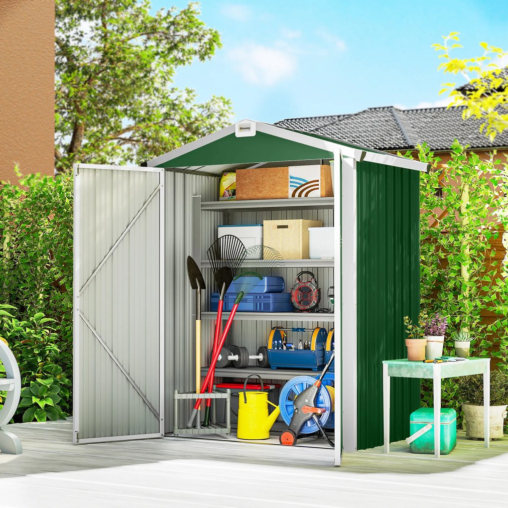Abrigo de Jardim Exterior 1,1 m² 133x87x178 cm com 2 Portas de Correr Telhado Inclinado e Luvas Verde