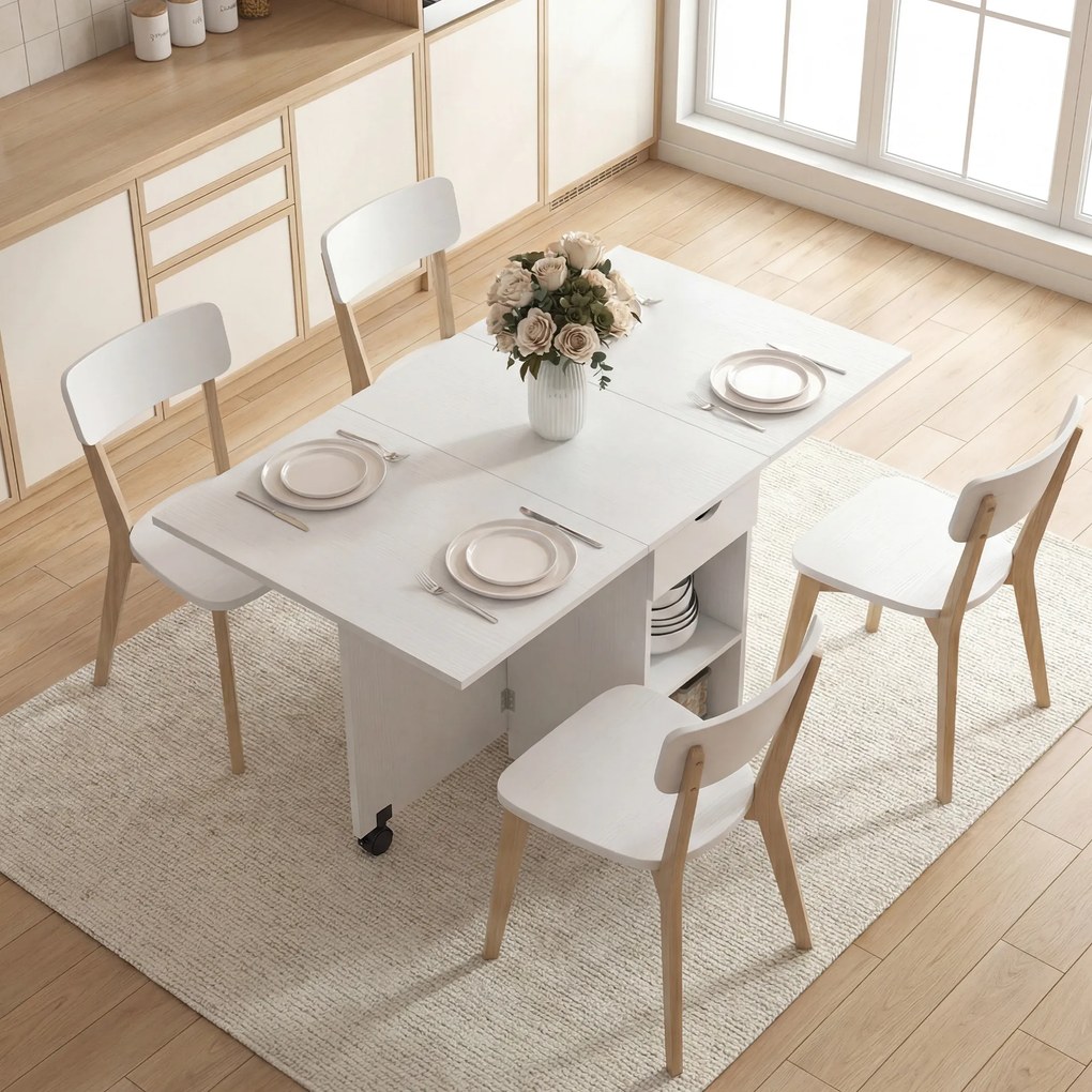 Mesa de Cozinha Dobrável com Rodas (CADEIRAS NÃO INCLUIDAS), Abas Rebatíveis, Gaveta e Prateleiras para 2-4 Pessoas 120x72x75 cm Branco