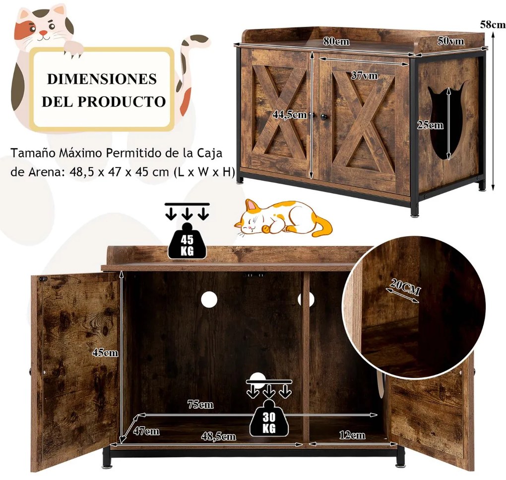 Armário para caixa areia gatos com portas duplas, móvel decorativo 80 x 50 x 58 cm, castanho