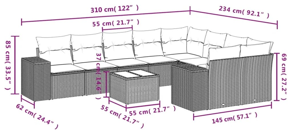 10 pcs conjunto sofás de jardim c/ almofadões vime PE cinzento