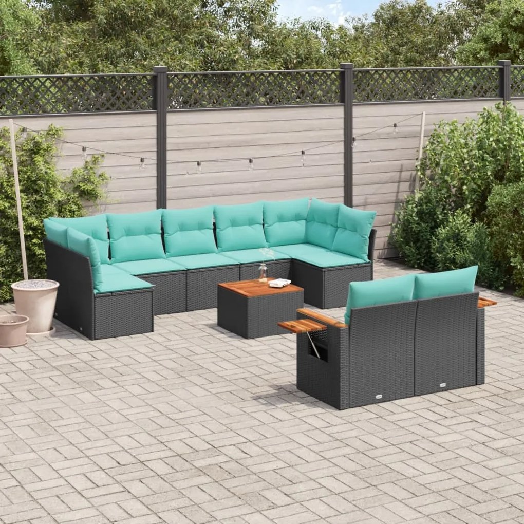 10 pcs conjunto de sofás p/ jardim c/ almofadões vime PE preto
