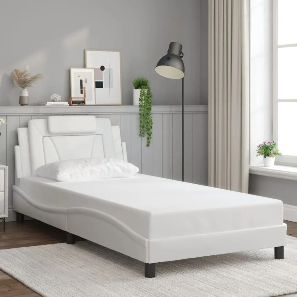 Estrutura cama c/ luzes LED 100x200 cm couro artificial branco