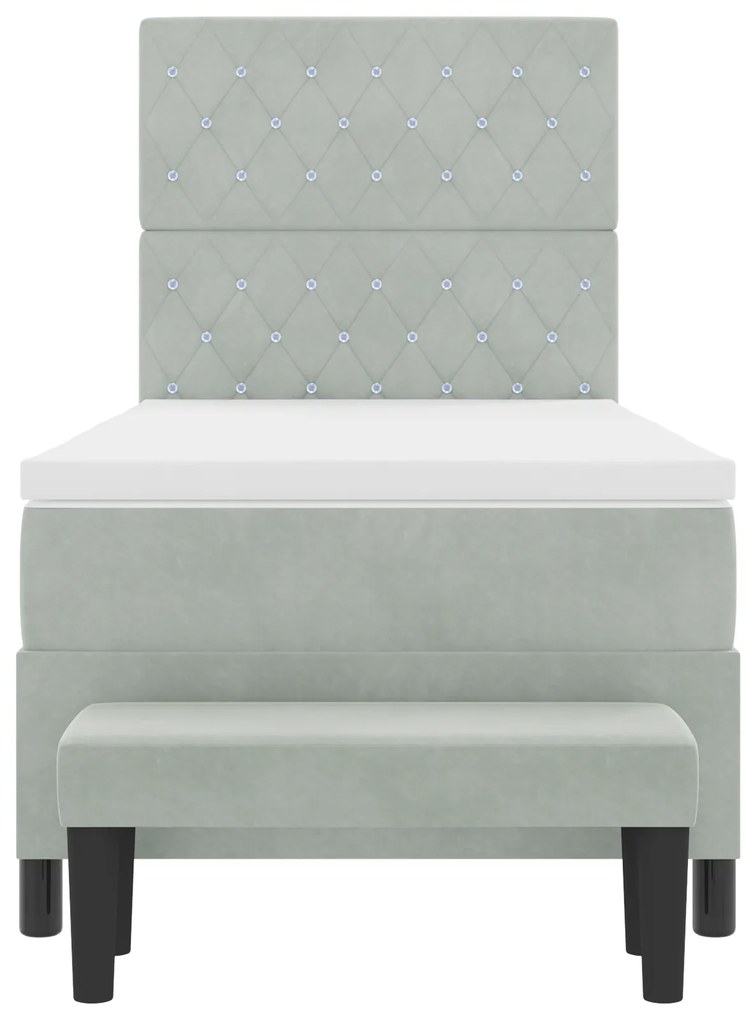 Cama Box Spring com Colchão & Banco Cinza Claro 100x200 cm Veludo