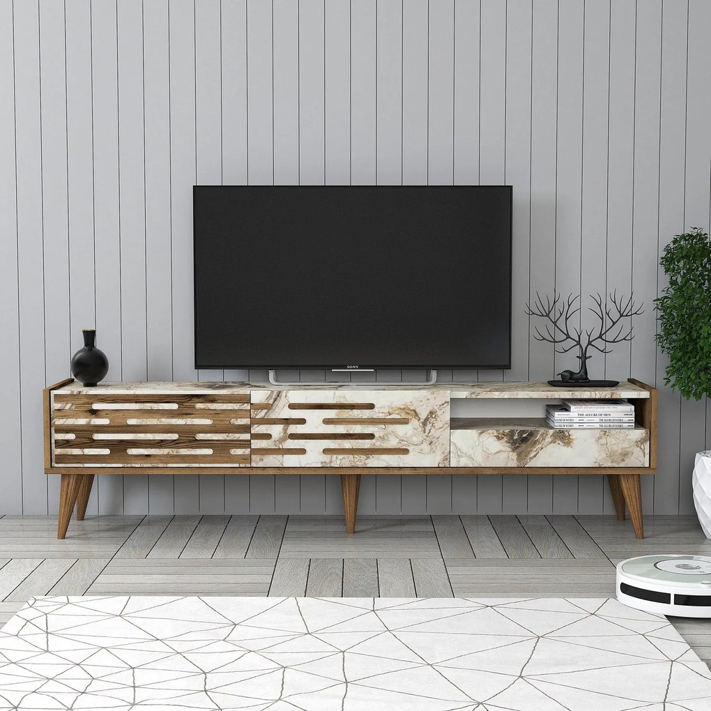 Móvel TV Valensiya – Nogueira/Branco/Mármore – 180x35x45 cm