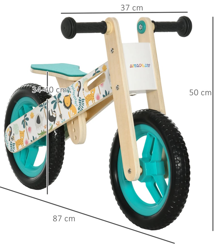 AIYAPLAY Bicicleta sem Pedais de Madeira para Crianças de 3-6 Anos com Assento Ajustável 34-40cm Bicicleta de Equilíbrio Infantil com Rodas de 12" Car