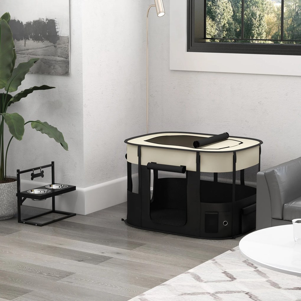 Parque dobrável para cães, gatos e pequenos animais em tecido Oxford com compartimento de arrumação, 94 x 74 x 60 cm, branco creme e preto