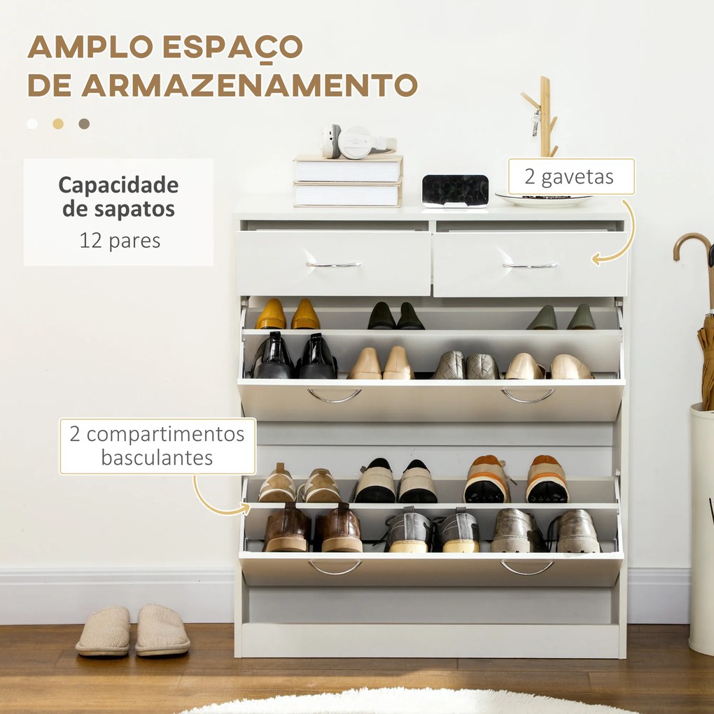Sapateira Estreito com 2 Compartimentos e 2 Gavetas para 12 Pares de Sapatos 80x30x91,5 cm Branco