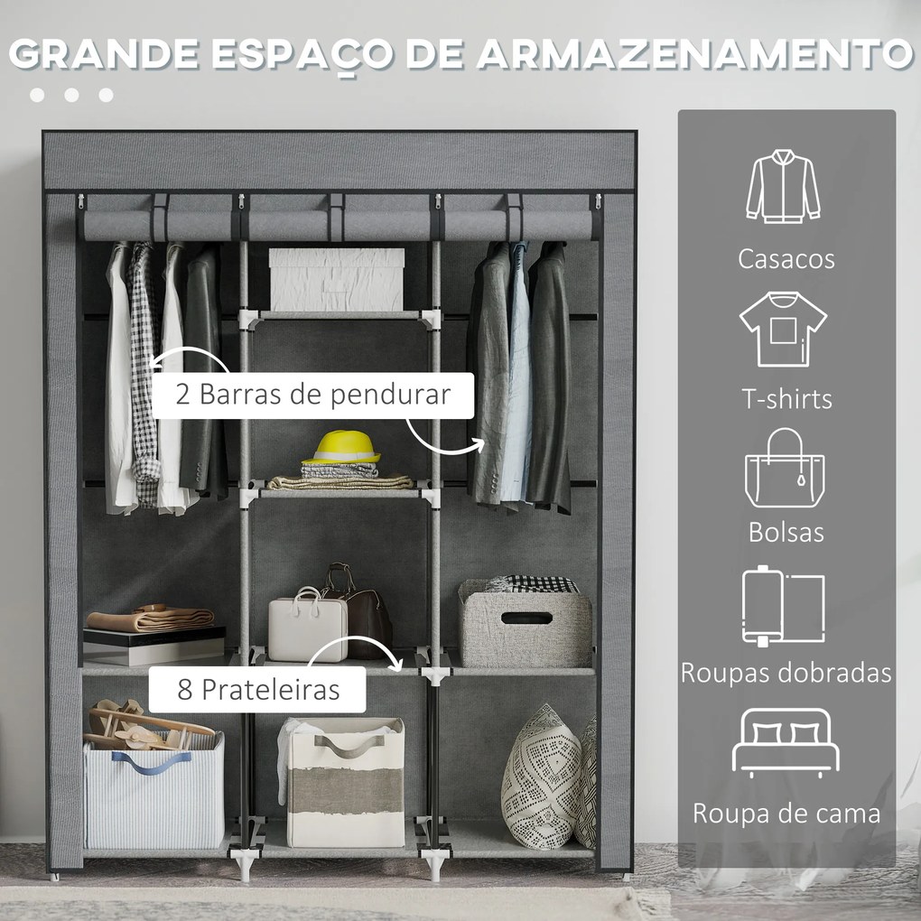Guarda Roupa de Tecido Dobrável com 8 Prateleiras de Armazenamento e 2 Barras de Pendurar 125x43x162,5 cm Cinzento