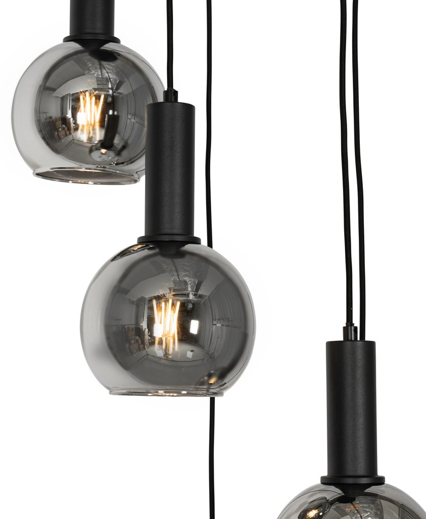 Candeeiro suspenso Art Déco preto com vidro fumê redondo 5 luzes - Josje Art Deco