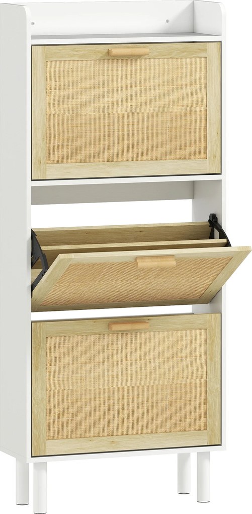 HOMCOM Armário de sapatos 3 portas basculantes prateleira efeito resina trançada design boho 65 x 24,5 x 153 cm branco | Aosom Portugal