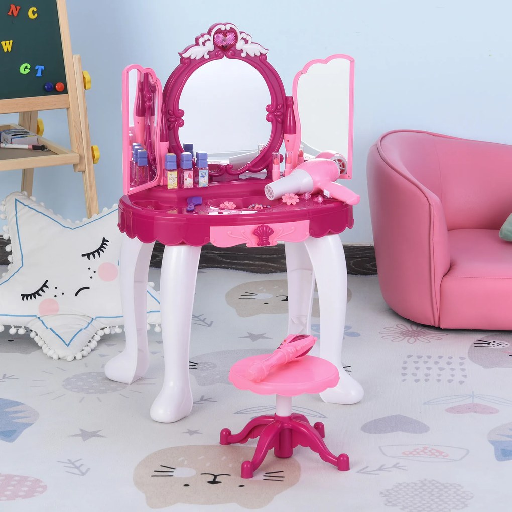 HOMCOM Conjunto de penteadeira para crianças acima de 3 anos penteadeira com banquinho música e iluminação espelho cosmeticos secador de cabelo esmaltes 45 x 30,5 x 72 cm