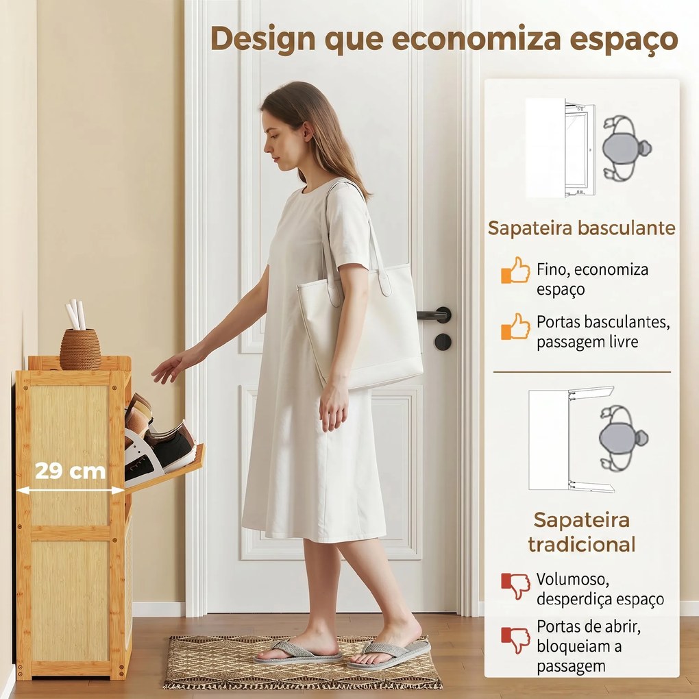Sapateira com 2 Compartimentos Basculantes Sapateira Estilo Bohemio Estreita com Prateleiras Ajustáveis para 12-14 Pares de Sapatos 69x29x83 cm Madeir