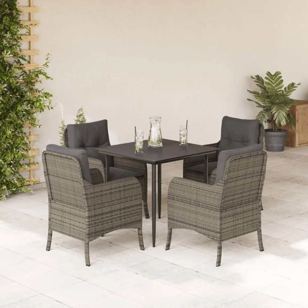 5 pcs conjunto de jantar p/ jardim c/ almofadões vime PE cinza