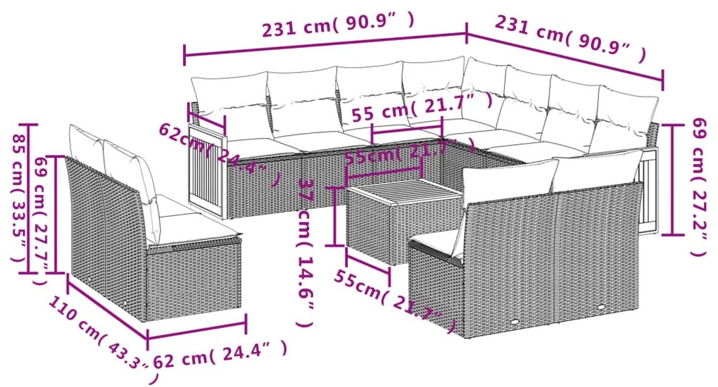 12 pcs conjunto de sofás p/ jardim com almofadões vime PE bege