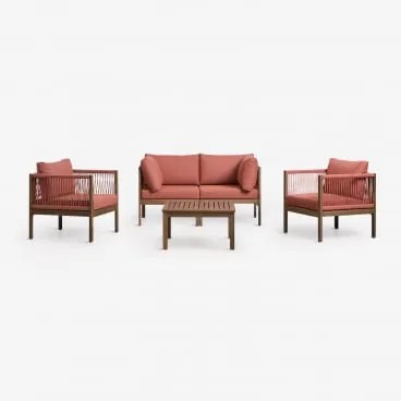 Conjunto De Sala De Estar Com Sofá Modular De 2 Peças Com Braços, 2 Poltronas E Mesa De Centro Em Madeira De Acácia Branson Terracota - Castanho Acáci