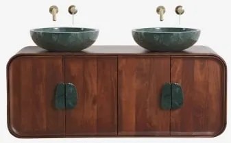 Conjunto De Móvel De Casa De Banho Dupla Suspensa 130x45 Cm Em Madeira De Manga E Pedra Natural Kivalina Sem Espelho & 2 X Dorado Escovado Embutido Co